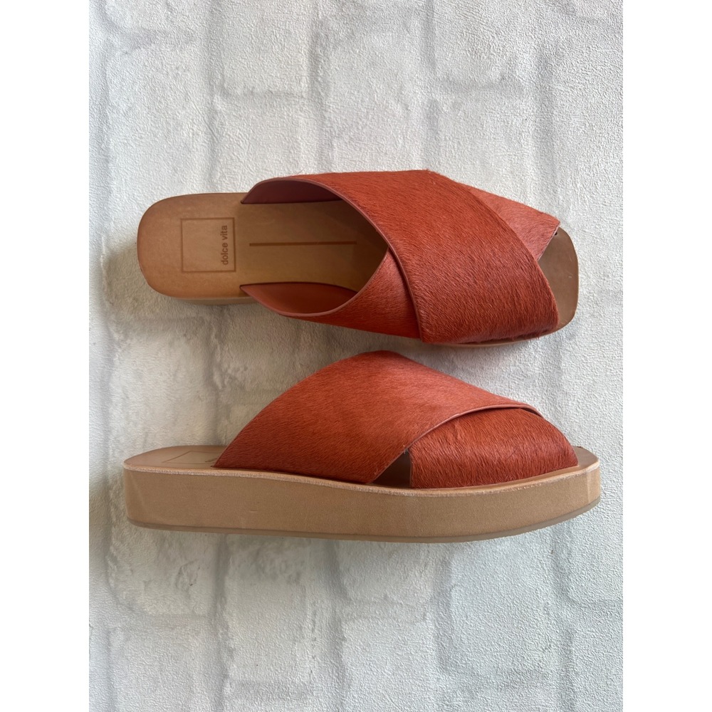 Dolce Vita Rust Orange Calf Hair Crisscross Platform Slide Sandals Womens 7.5